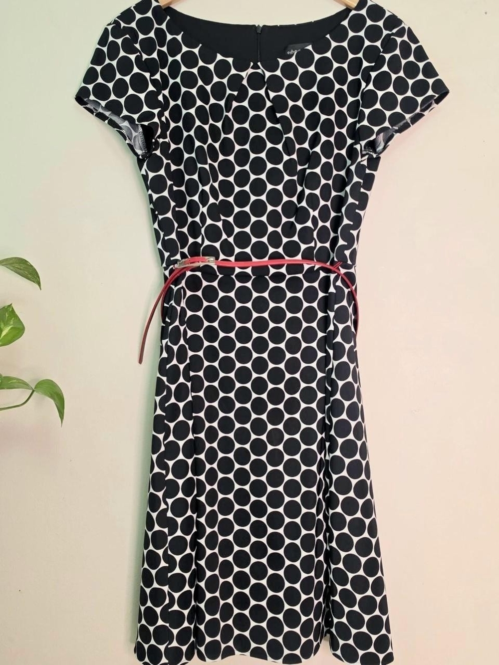 2000s Y2K Black White Polka Dot Midi Dress With Red Belt Size 12 - Picture 5 of 6
